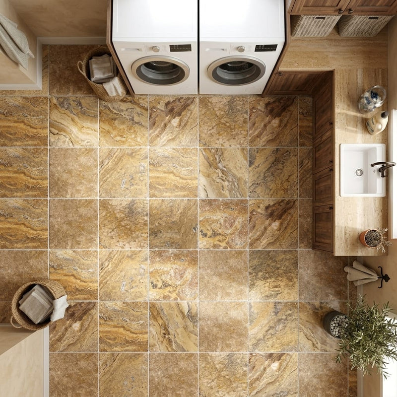 Autumn Leaves Scabos Travertine Tumbled 12 x 12 x 3/8 Cross Cut Tile 12x12 — Laundry Room floor