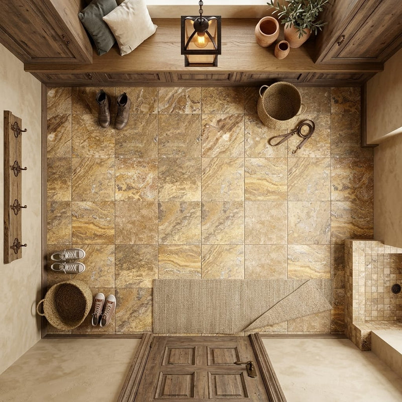Autumn Leaves Scabos Travertine Tumbled 12 x 12 x 3/8 Cross Cut Tile 12x12 — Mudroom floor