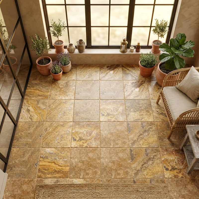 Autumn Leaves Scabos Travertine Tumbled 12 x 12 x 3/8 Cross Cut Tile 12x12 — Sunroom floor