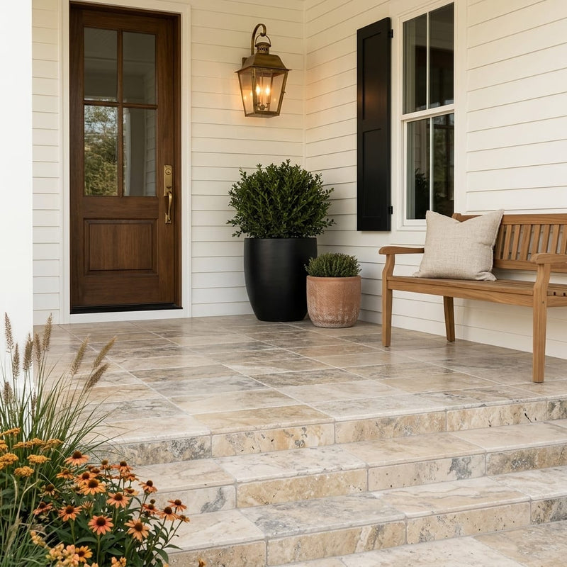 Autumn Leaves Scabos Travertine Tumbled 12 x 24 x 1.25 Paver 12x24 — Front Yard front porch