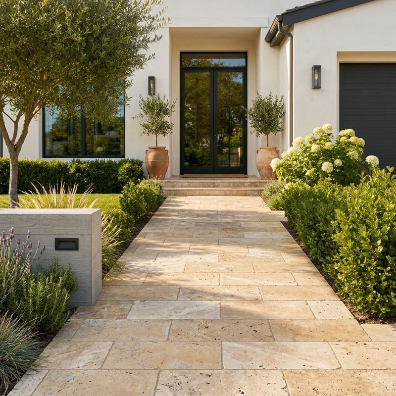 Autumn Leaves Scabos Travertine Tumbled 12 x 24 x 1.25 Paver 12x24 — Front Yard walkway