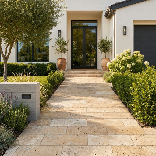 Autumn Leaves Scabos Travertine Tumbled 12 x 24 x 1.25 Paver 12x24 — Front Yard walkway