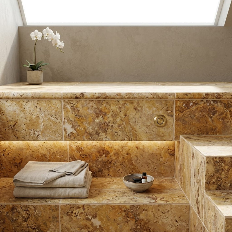 Autumn Leaves Scabos Travertine Tumbled 12 x 24 x 2 Bullnose Coping 12x24 pool coping — Spa spa overhang edge