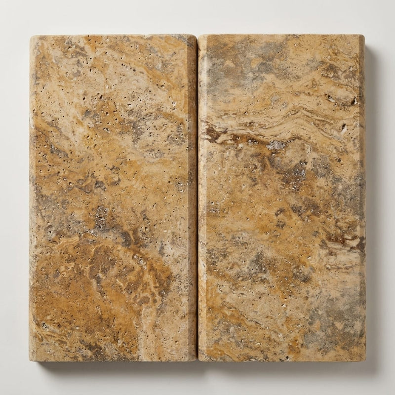 Autumn Leaves Scabos Travertine Tumbled 12 x 24 x 2 Double Bullnose Coping 12x24 close-up