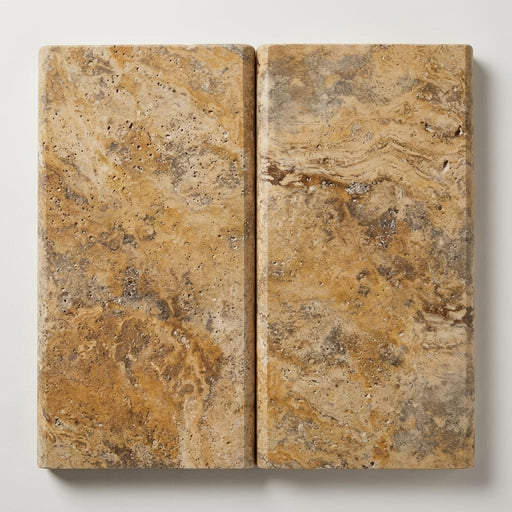 Autumn Leaves Scabos Travertine Tumbled 12 x 24 x 2 Double Bullnose Coping 12x24 close-up