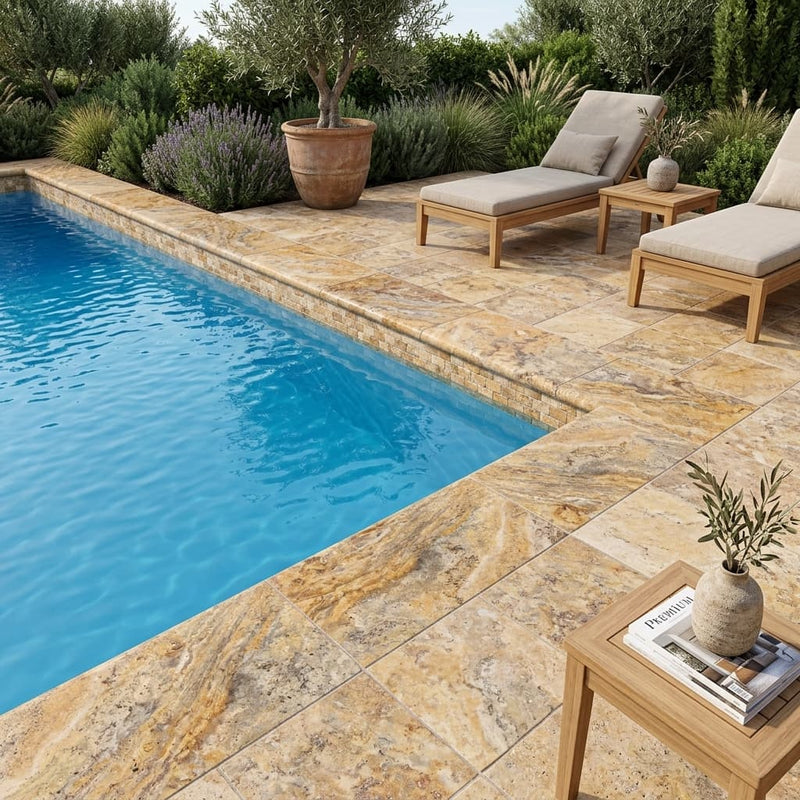 Autumn Leaves Scabos Travertine Tumbled 12 x 24 x 2 Double Bullnose Coping 12x24 pool coping — Swimming Pool pool edge drop-face coping