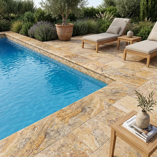 Autumn Leaves Scabos Travertine Tumbled 12 x 24 x 2 Double Bullnose Coping 12x24 pool coping — Swimming Pool pool edge drop-face coping