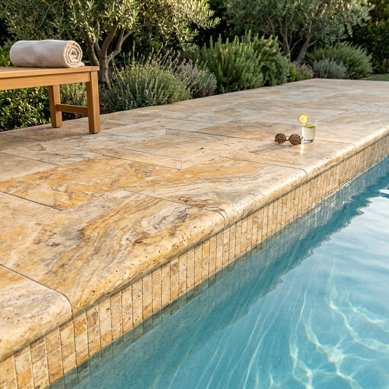 Autumn Leaves Scabos Travertine Tumbled 12 x 24 x 2 Double Bullnose Coping 12x24 pool coping — Swimming Pool remodel pool edge