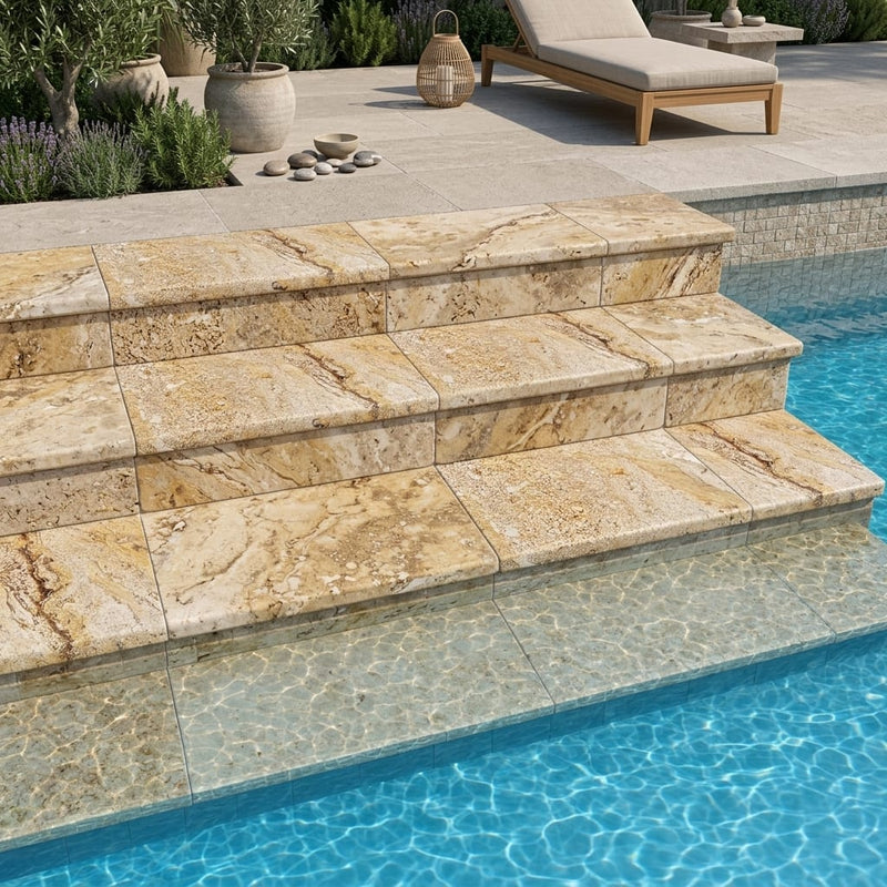 Autumn Leaves Scabos Travertine Tumbled 12 x 24 x 2 Double Modern Coping 12x24 pool coping — Swimming Pool pool step edge