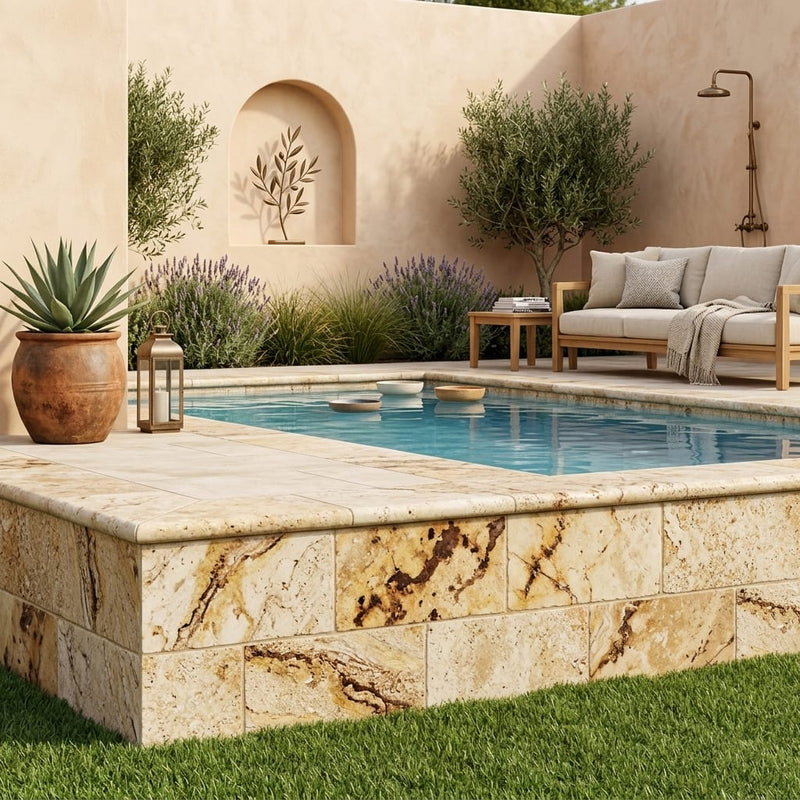 Autumn Leaves Scabos Travertine Tumbled 12 x 24 x 2 Double Modern Coping 12x24 pool coping — Swimming Pool raised bond beam cap