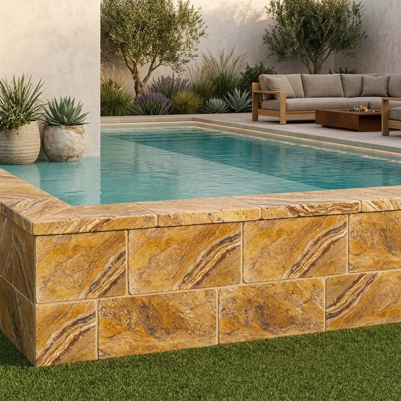 Autumn Leaves Scabos Travertine Tumbled 12 x 24 x 2 Modern Coping 12x24 pool coping — Swimming Pool raised bond beam cap