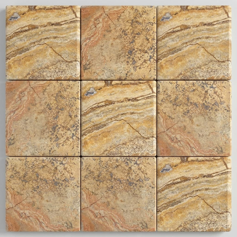 Autumn Leaves Scabos Travertine Tumbled 12x12x1.25 Bullnose Coping close-up