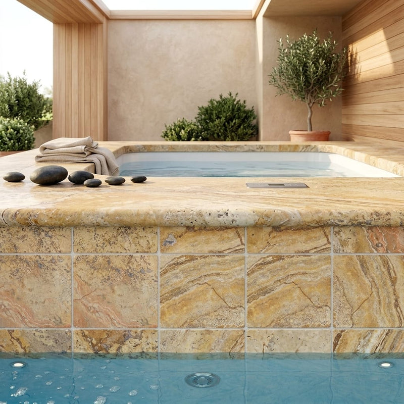 Autumn Leaves Scabos Travertine Tumbled 12x12x1.25 Bullnose Coping pool coping — Spa spa overhang edge