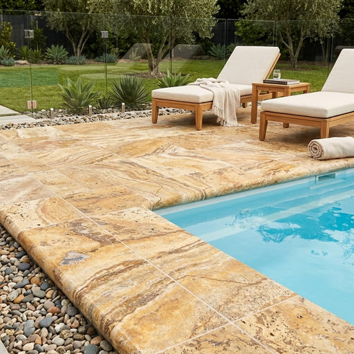 Autumn Leaves Scabos Travertine Tumbled 12x12x1.25 Bullnose Coping pool coping — Swimming Pool pool edge drop-face coping