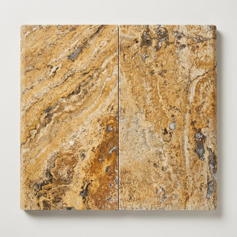 Autumn Leaves Scabos Travertine Tumbled 12x24x1.25 Bullnose Coping close-up