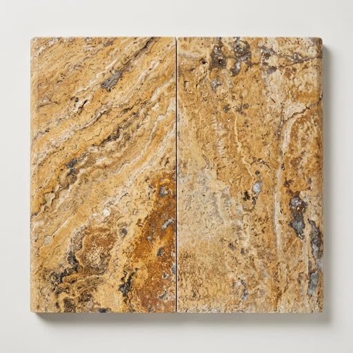 Autumn Leaves Scabos Travertine Tumbled 12x24x1.25 Bullnose Coping close-up