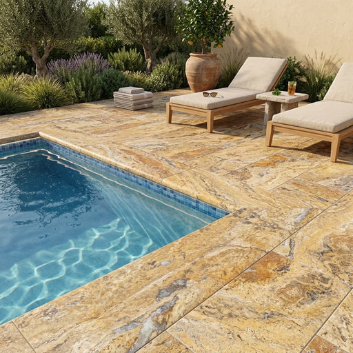 Autumn Leaves Scabos Travertine Tumbled 12x24x1.25 Bullnose Coping pool coping — Swimming Pool pool edge drop-face coping