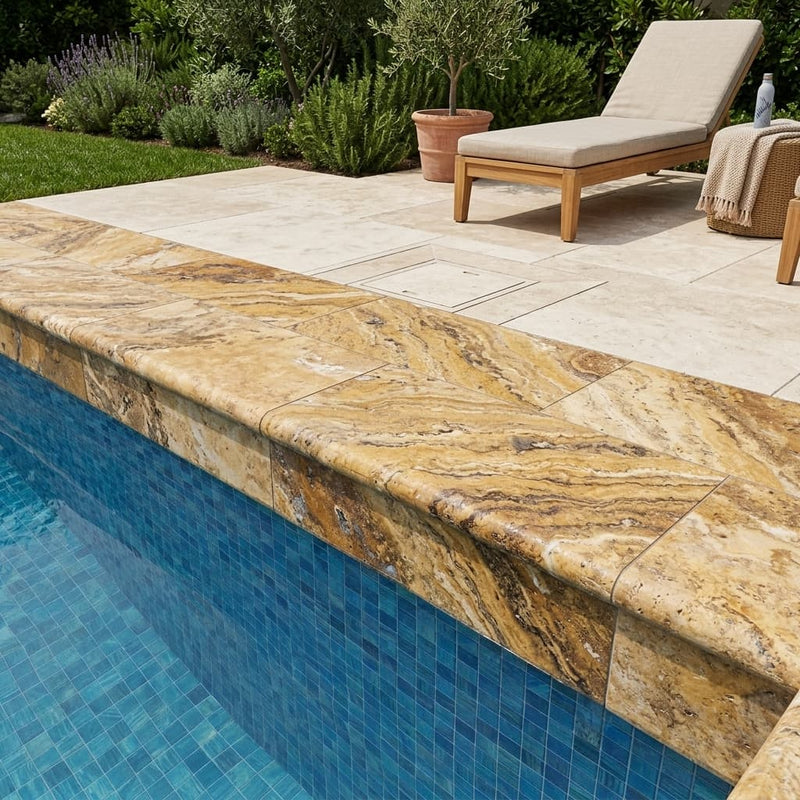 Autumn Leaves Scabos Travertine Tumbled 12x24x1.25 Bullnose Coping pool coping — Swimming Pool remodel pool edge