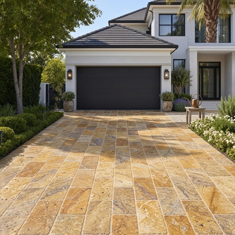 Autumn Leaves Scabos Travertine Tumbled 16 x 24 x 1.25 Paver 16x24 — Front Yard driveway