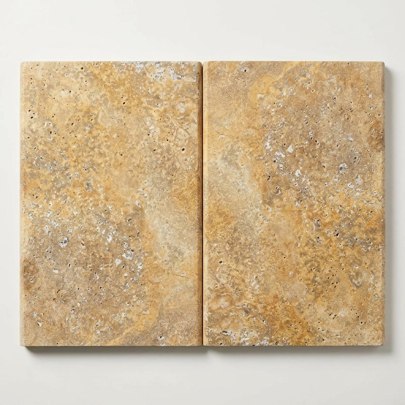 Autumn Leaves Scabos Travertine Tumbled 16 x 24 x 2 Bullnose Coping 16x24 close-up