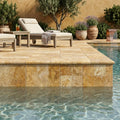 Autumn Leaves Scabos Travertine Tumbled 16 x 24 x 2 Bullnose Coping 16x24 pool coping — Swimming Pool remodel pool edge