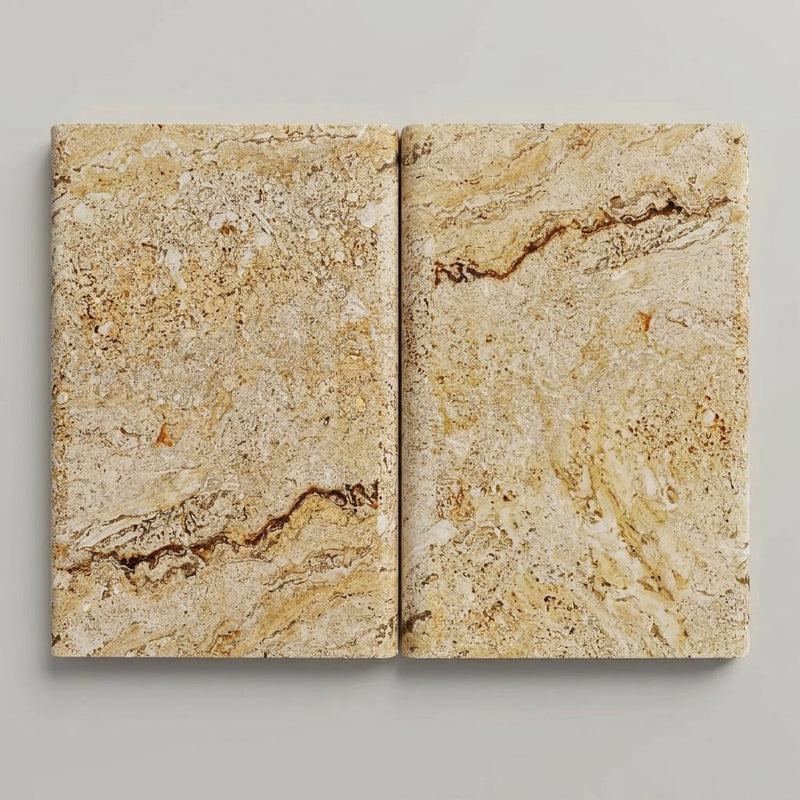 Autumn Leaves Scabos Travertine Tumbled 16 x 24 x 2 Double Bullnose Coping 16x24 close-up