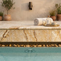 Autumn Leaves Scabos Travertine Tumbled 16 x 24 x 2 Double Bullnose Coping 16x24 pool coping — Spa spa overhang edge