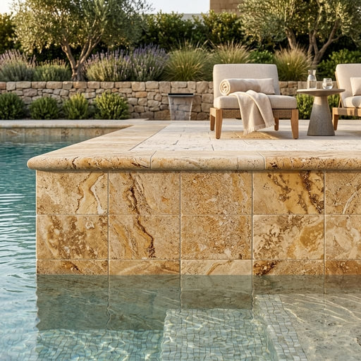 Autumn Leaves Scabos Travertine Tumbled 16 x 24 x 2 Double Bullnose Coping 16x24 pool coping — Swimming Pool remodel pool edge
