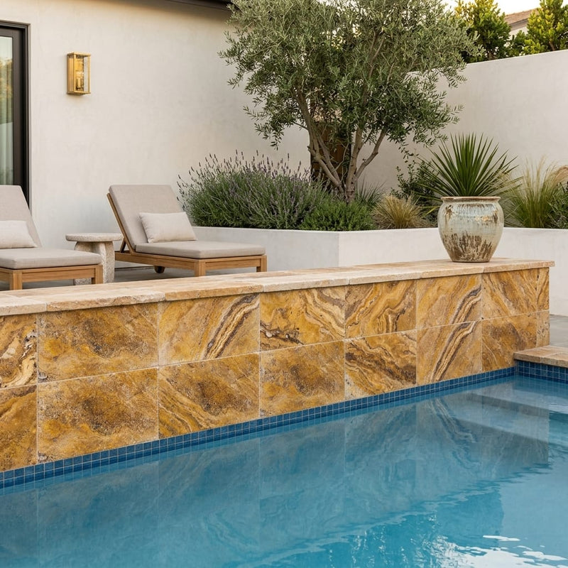 Autumn Leaves Scabos Travertine Tumbled 16 x 24 x 2 Double Modern Coping 16x24 pool coping — Swimming Pool raised bond beam cap