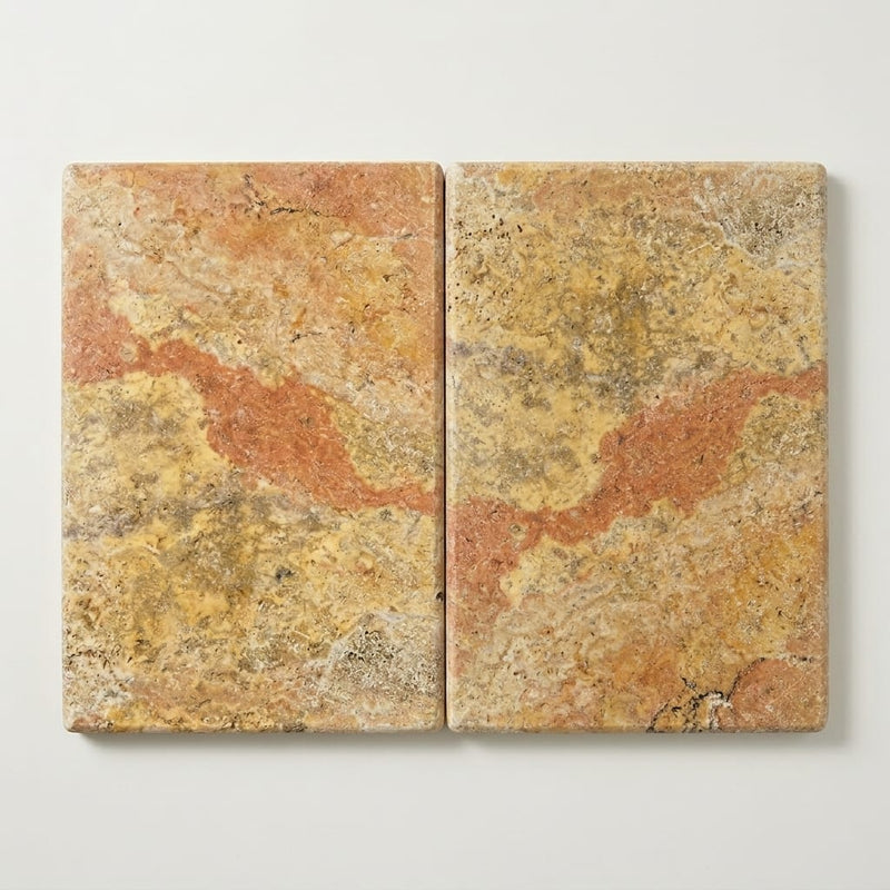 Autumn Leaves Scabos Travertine Tumbled 16x24x1.25 Bullnose Coping close-up