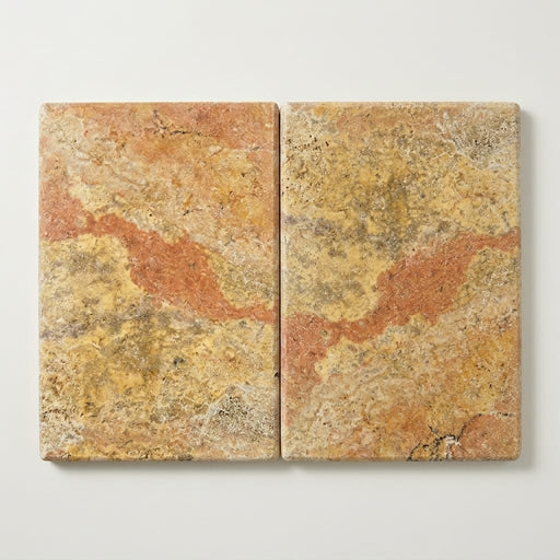 Autumn Leaves Scabos Travertine Tumbled 16x24x1.25 Bullnose Coping close-up