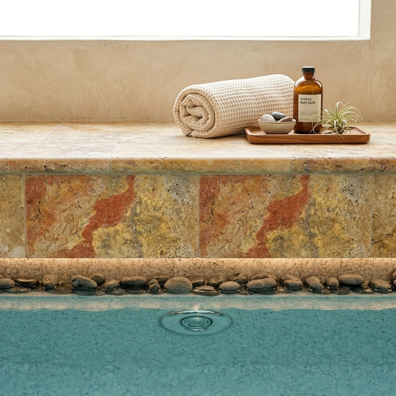 Autumn Leaves Scabos Travertine Tumbled 16x24x1.25 Bullnose Coping pool coping — Spa spa overhang edge
