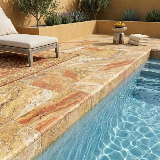Autumn Leaves Scabos Travertine Tumbled 16x24x1.25 Bullnose Coping pool coping — Swimming Pool pool edge drop-face coping