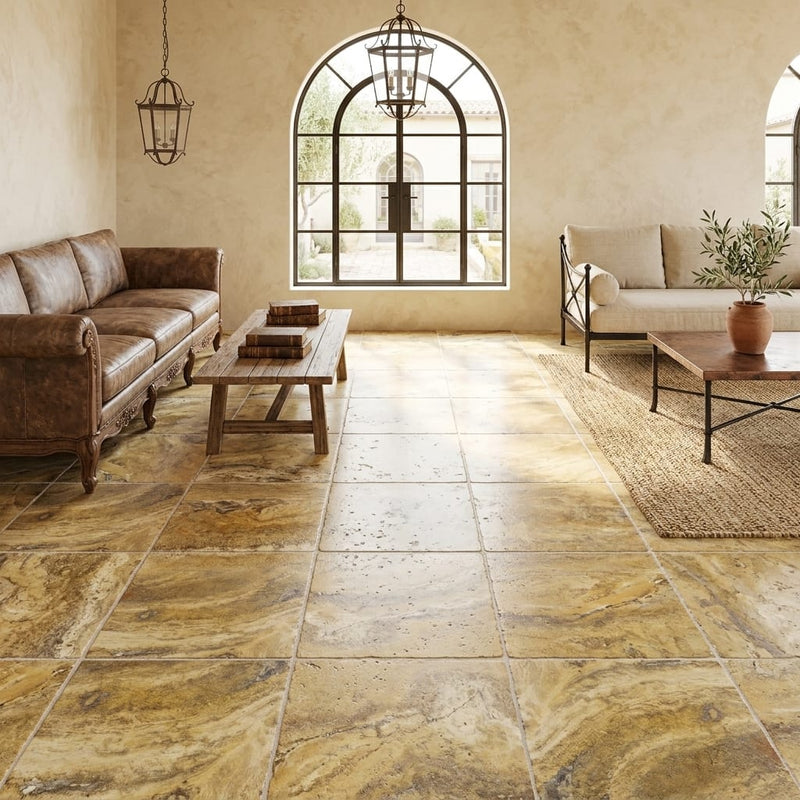 Autumn Leaves Scabos Travertine Tumbled 18 x 18 x 1/2 Cross Cut Tile 18x18 — Family Room floor
