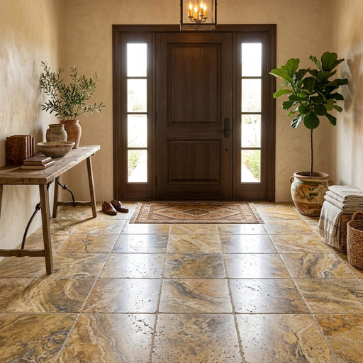 Autumn Leaves Scabos Travertine Tumbled 18 x 18 x 1/2 Cross Cut Tile 18x18 — Foyer floor