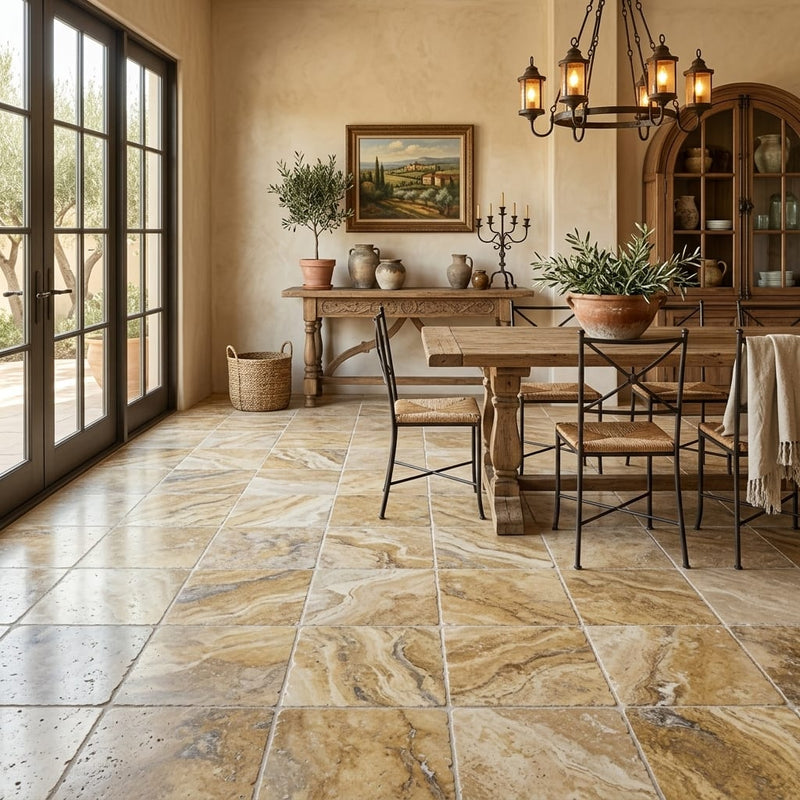 Autumn Leaves Scabos Travertine Tumbled 18 x 18 x 1/2 Cross Cut Tile 18x18 — Living Room floor