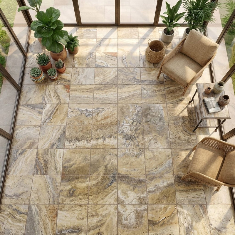 Autumn Leaves Scabos Travertine Tumbled 18 x 18 x 1/2 Cross Cut Tile 18x18 — Sunroom floor