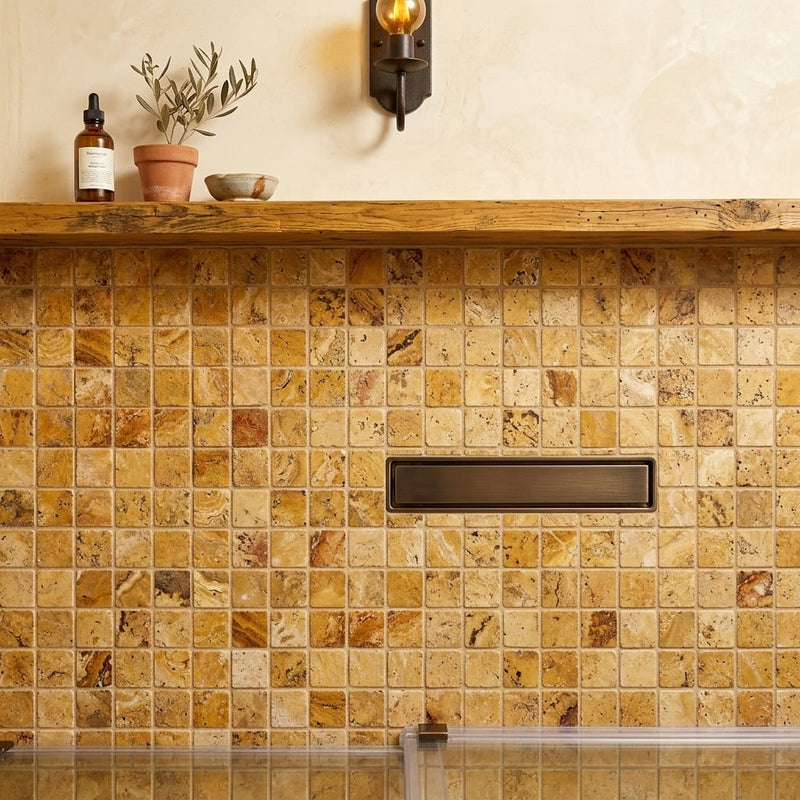 Autumn Leaves Scabos Travertine Tumbled 2 x 2 Mosaic 2x2 — Bathroom shower floor