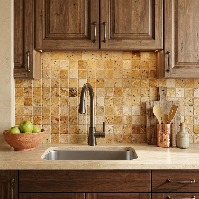 Autumn Leaves Scabos Travertine Tumbled 2 x 2 Mosaic 2x2 — Kitchen backsplash