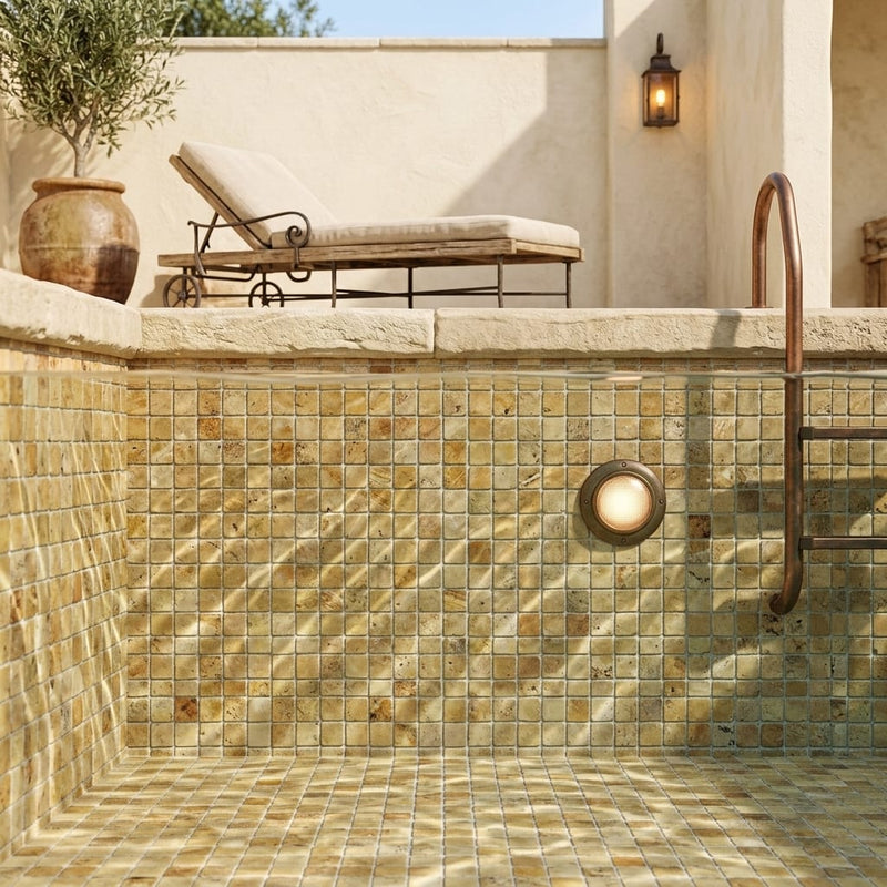 Autumn Leaves Scabos Travertine Tumbled 2 x 2 Mosaic 2x2 — Swimming Pool pool interior tiling