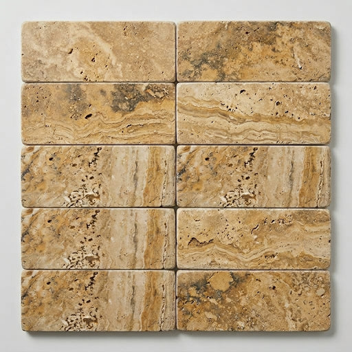 Autumn Leaves Scabos Travertine Tumbled 4 x 12 x 2 Bullnose Coping 4x12 close-up