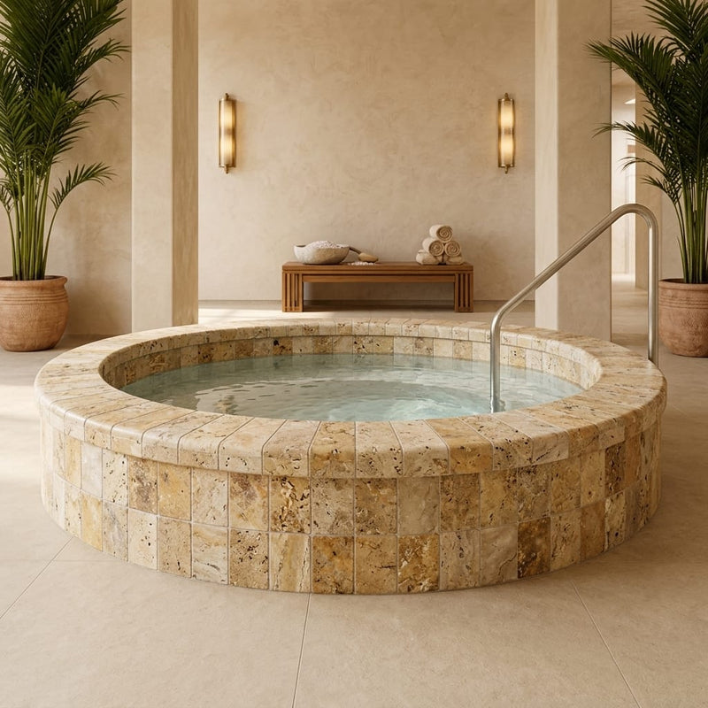 Autumn Leaves Scabos Travertine Tumbled 4 x 12 x 2 Bullnose Coping 4x12 pool coping — Spa spa overhang edge