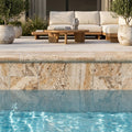 Autumn Leaves Scabos Travertine Tumbled 4 x 12 x 2 Bullnose Coping 4x12 pool coping — Swimming Pool remodel pool edge