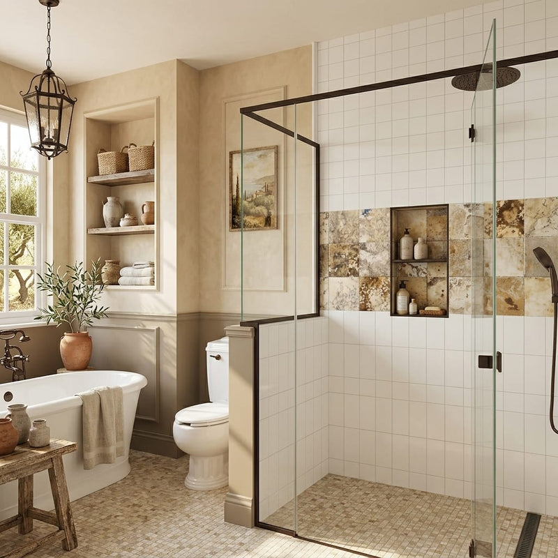 Autumn Leaves Scabos Travertine Tumbled 4 x 4 x 3/8 Cross Cut Tile 4x4 — Bathroom shower wall accent band