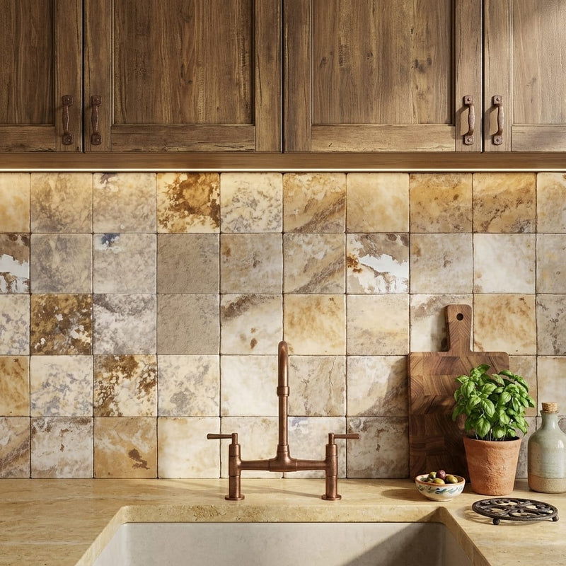 Autumn Leaves Scabos Travertine Tumbled 4 x 4 x 3/8 Cross Cut Tile 4x4 — Kitchen backsplash