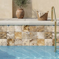 Autumn Leaves Scabos Travertine Tumbled 4 x 4 x 3/8 Cross Cut Tile 4x4 — Swimming Pool waterline