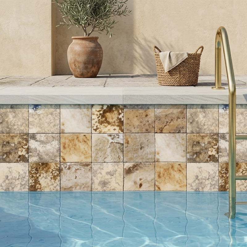 Autumn Leaves Scabos Travertine Tumbled 4 x 4 x 3/8 Cross Cut Tile 4x4 — Swimming Pool waterline