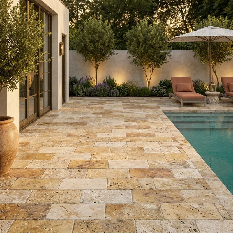 Autumn Leaves Scabos Travertine Tumbled 6 x 12 x 1.25 Paver 6x12 — Backyard pool deck