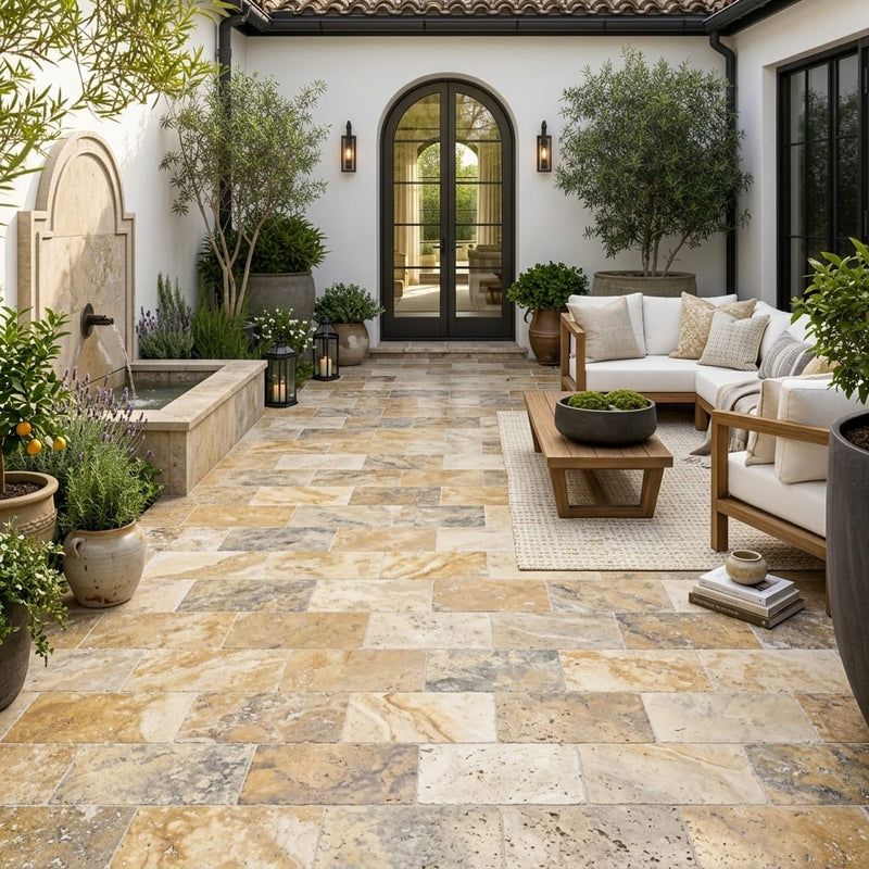 Autumn Leaves Scabos Travertine Tumbled 6 x 12 x 1.25 Paver 6x12 — Courtyard paving