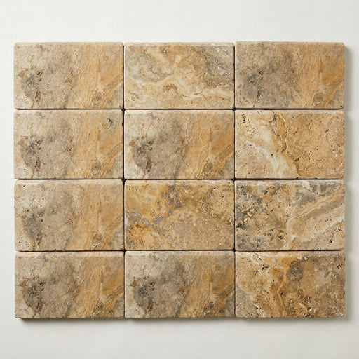 Autumn Leaves Scabos Travertine Tumbled 6 x 12 x 2 Bullnose Coping 6x12 close-up